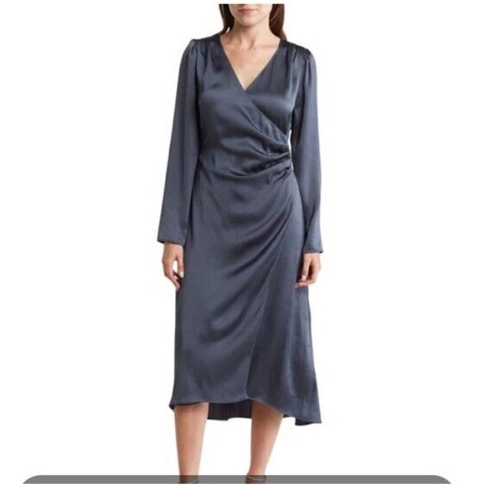 Lush Blue Faux Wrap Gathered Waist Satin Dress Womens S Nwt Size 6